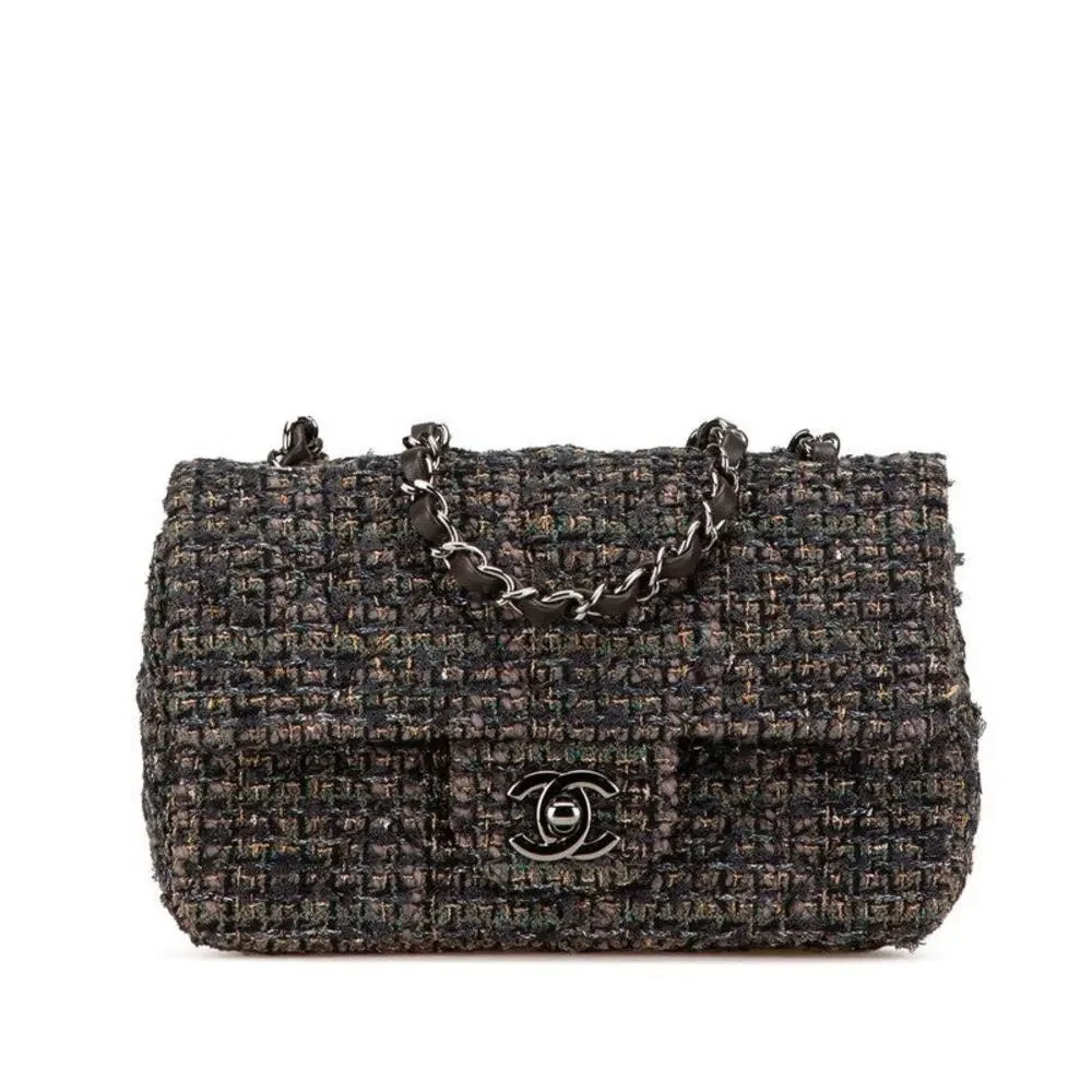 Chanel Mini Matelasse 20 Coco Mark Tweed Leather Shoulder Bag Gray